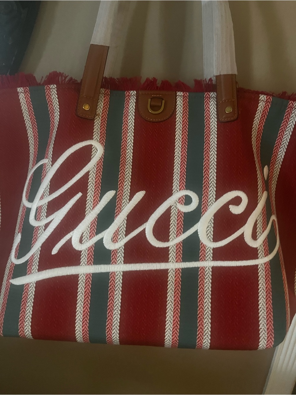 Huge Gucci style beach bag Red White and Green Striped Canvas Tote - Picture 2 of 10